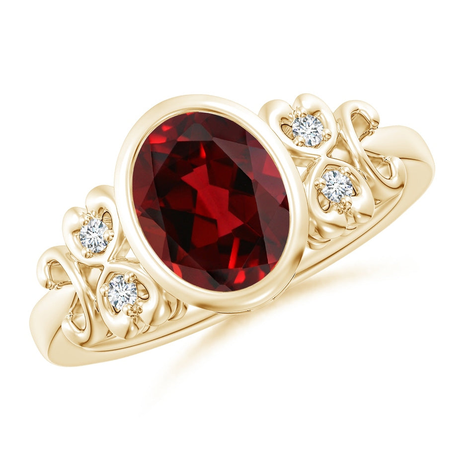 Vintage Style Bezel-Set Oval Garnet Ring with Diamonds