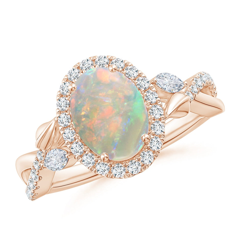 Oval Opal Twisted Vine Ring with Diamond Halo