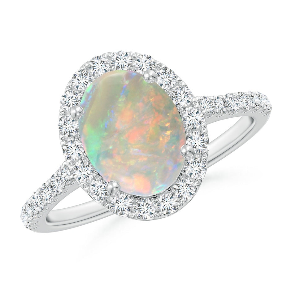 Prong-Set Oval Opal Halo Ring with Diamonds