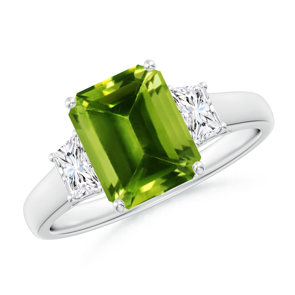 Three Stone Emerald-Cut Peridot and Diamond Ring