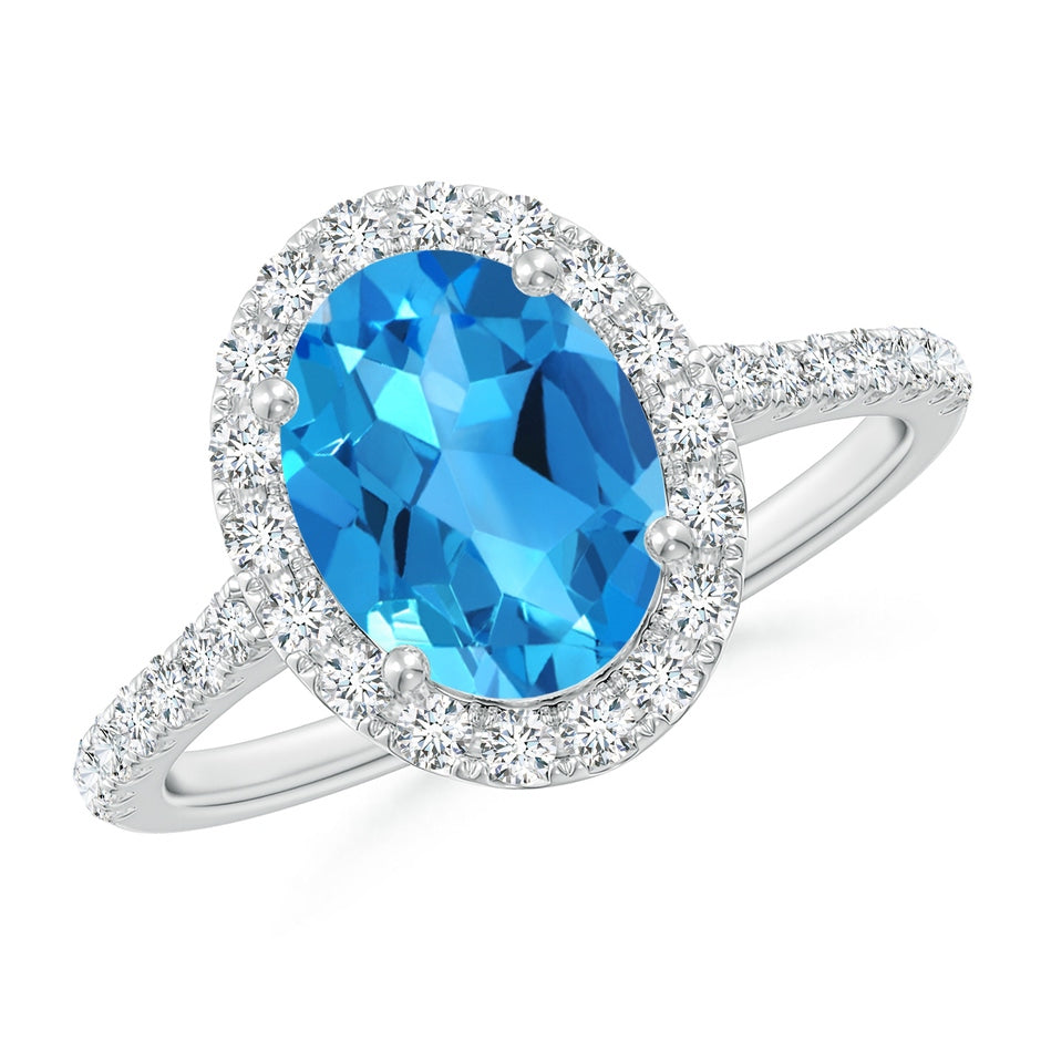 Prong-Set Oval Swiss Blue Topaz Halo Ring with Diamonds