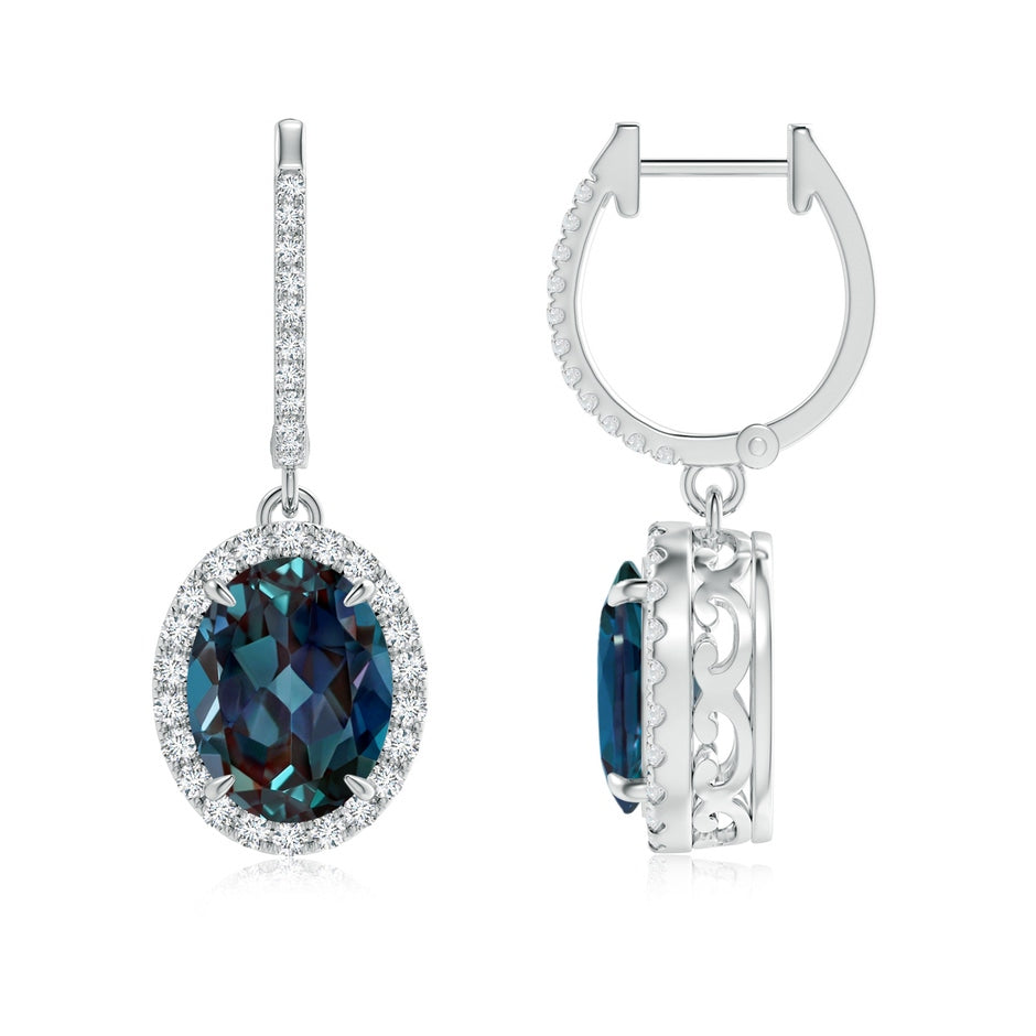 Oval Lab-Grown Alexandrite Dangle Earrings with Diamond Halo