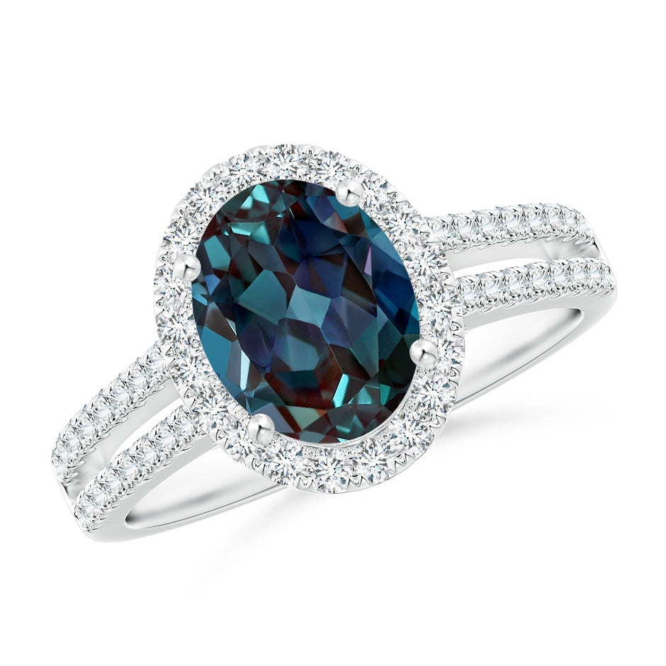 Oval Lab-Grown Alexandrite Split Shank Halo Ring with Diamonds