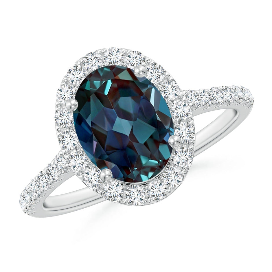 Prong-Set Oval Lab-Grown Alexandrite Halo Ring with Diamonds