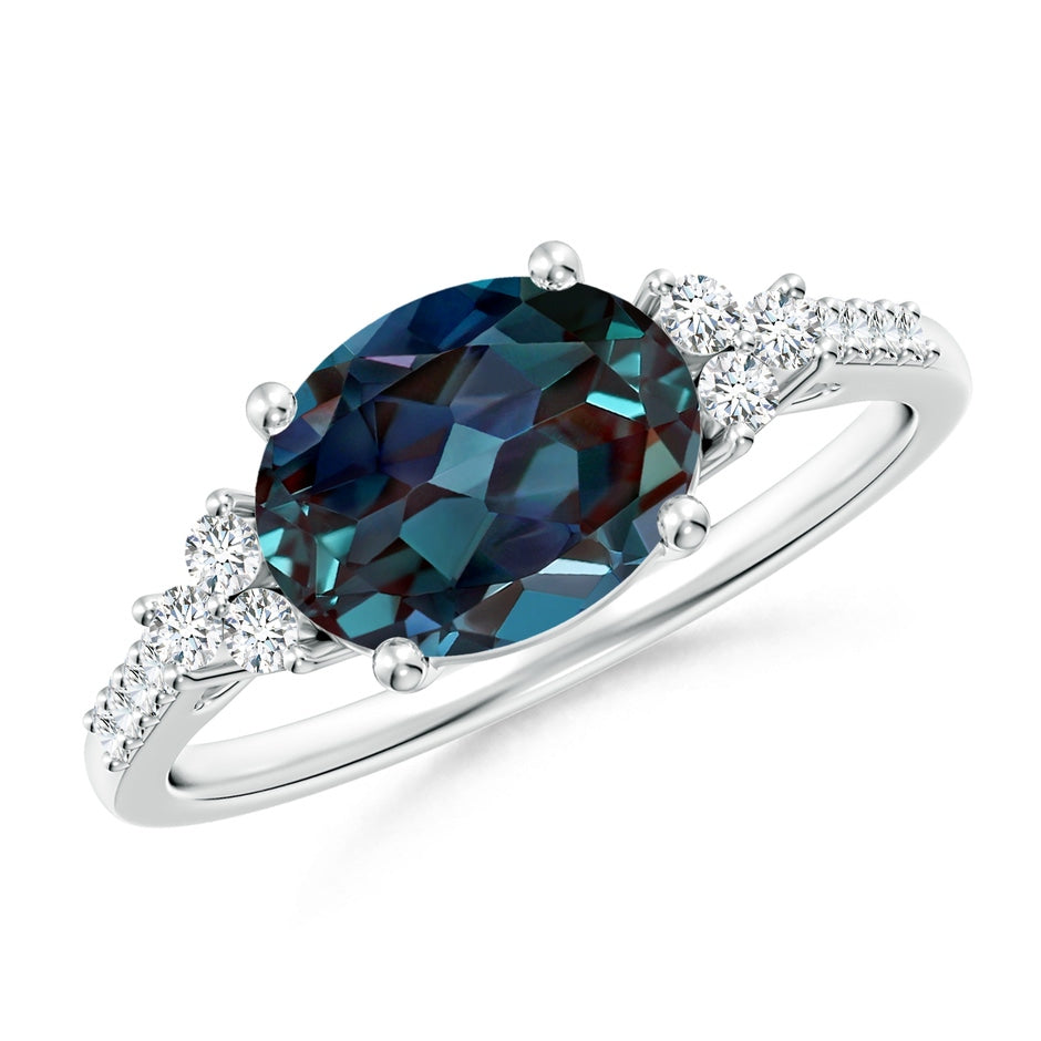 Horizontally Set Oval Lab-Grown Alexandrite Solitaire Ring with Trio Diamond Accents