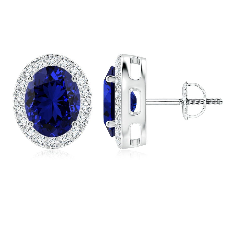 Prong-Set Oval Lab-Grown Blue Sapphire Stud Earrings with Diamond Halo