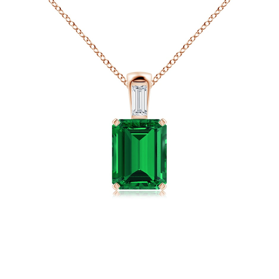 Emerald-Cut Lab-Grown Emerald Pendant with Baguette Diamond