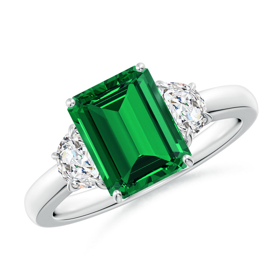 Lab-Grown Emerald-Cut Emerald and Half Moon Lab Diamond Three Stone Ring