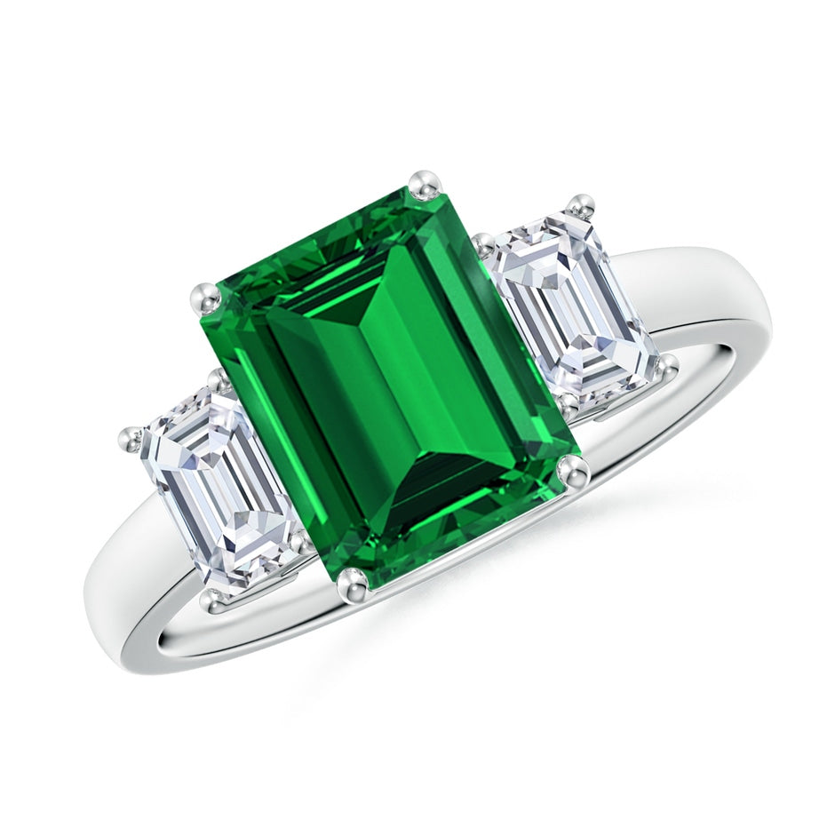 Lab-Grown Emerald-Cut Emerald and Lab Diamond Three Stone Ring