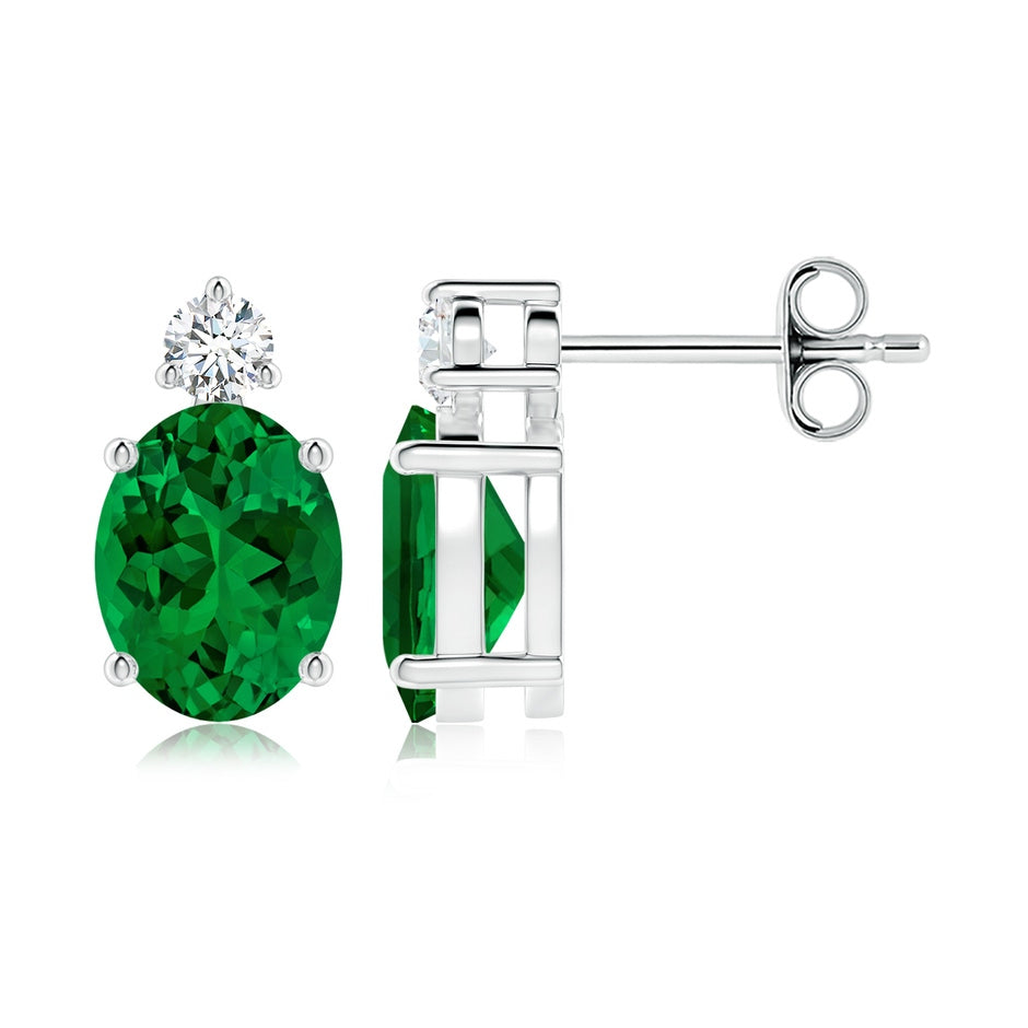Lab-Grown Basket-Set Oval Emerald Stud Earrings with Diamond