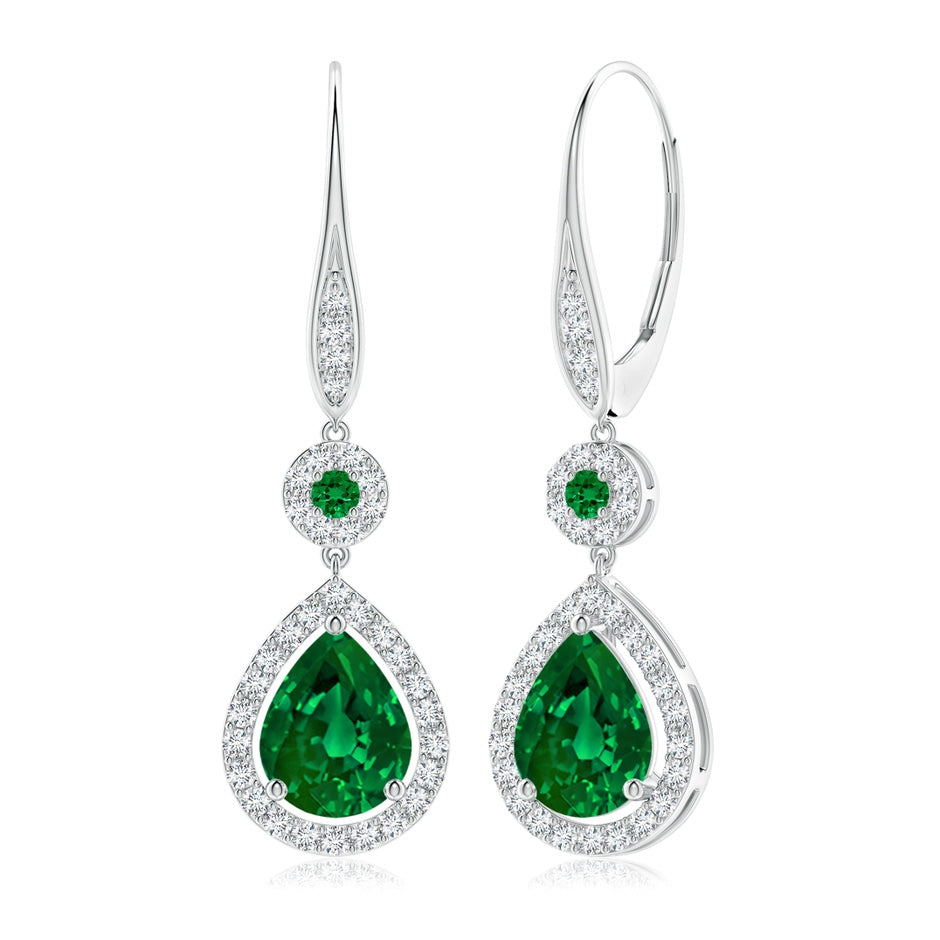 Lab-Grown Round and Pear Emerald Halo Leverback Earrings