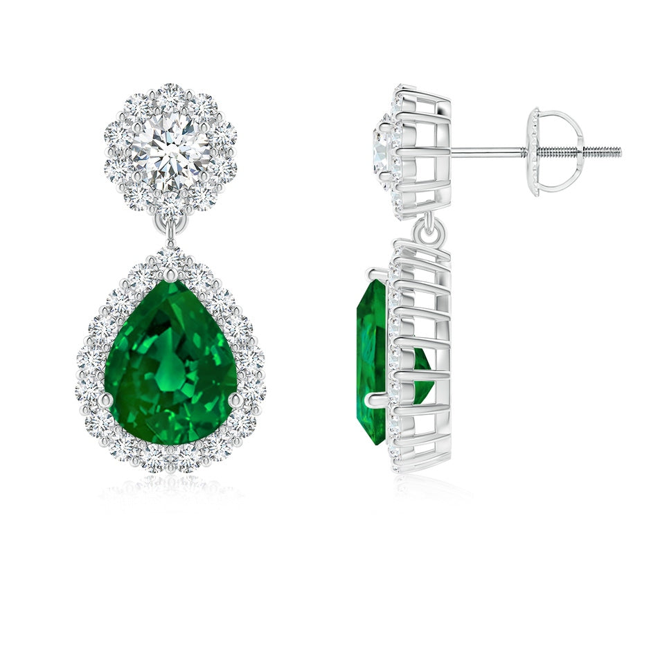 Lab-Grown Pear Emerald and Diamond Halo Drop Earrings