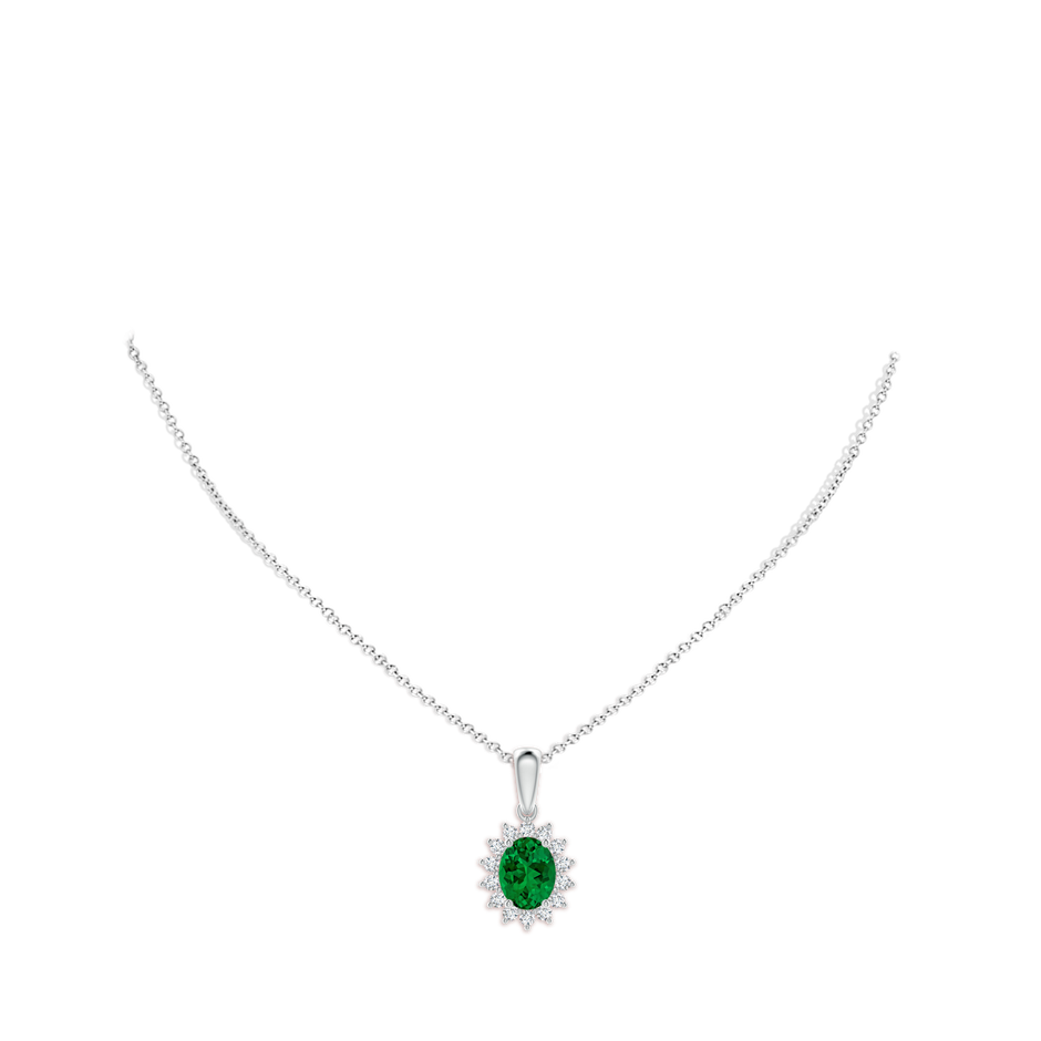 Lab-Grown Oval Emerald Pendant with Floral Halo