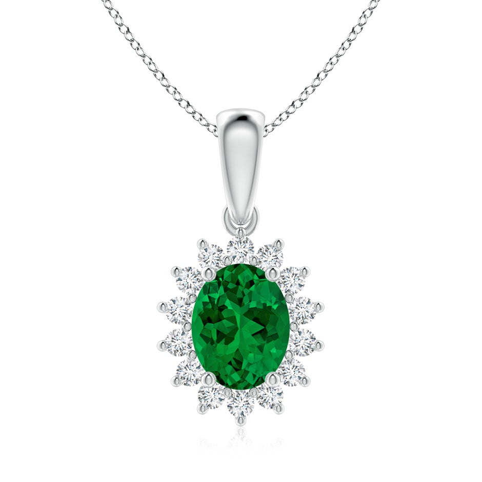 Lab-Grown Oval Emerald Pendant with Floral Halo