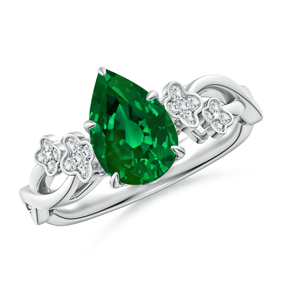 Lab-Grown Nature-Inspired Pear Emerald Floral Engagement Ring