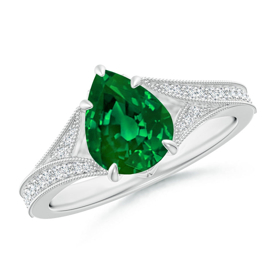Lab-Grown Vintage Inspired Pear Emerald Split Shank Engagement Ring