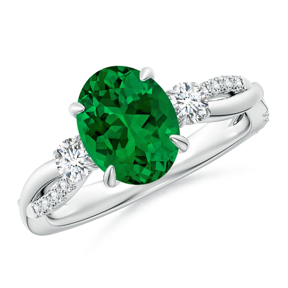 Lab-Grown Three Stone Oval Emerald & Round Diamond Engagement Ring