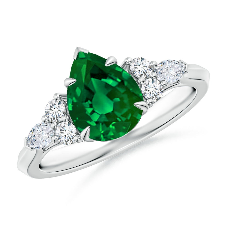 Lab-Grown Pear Shape Emerald Side Stone Engagement Ring with Diamonds