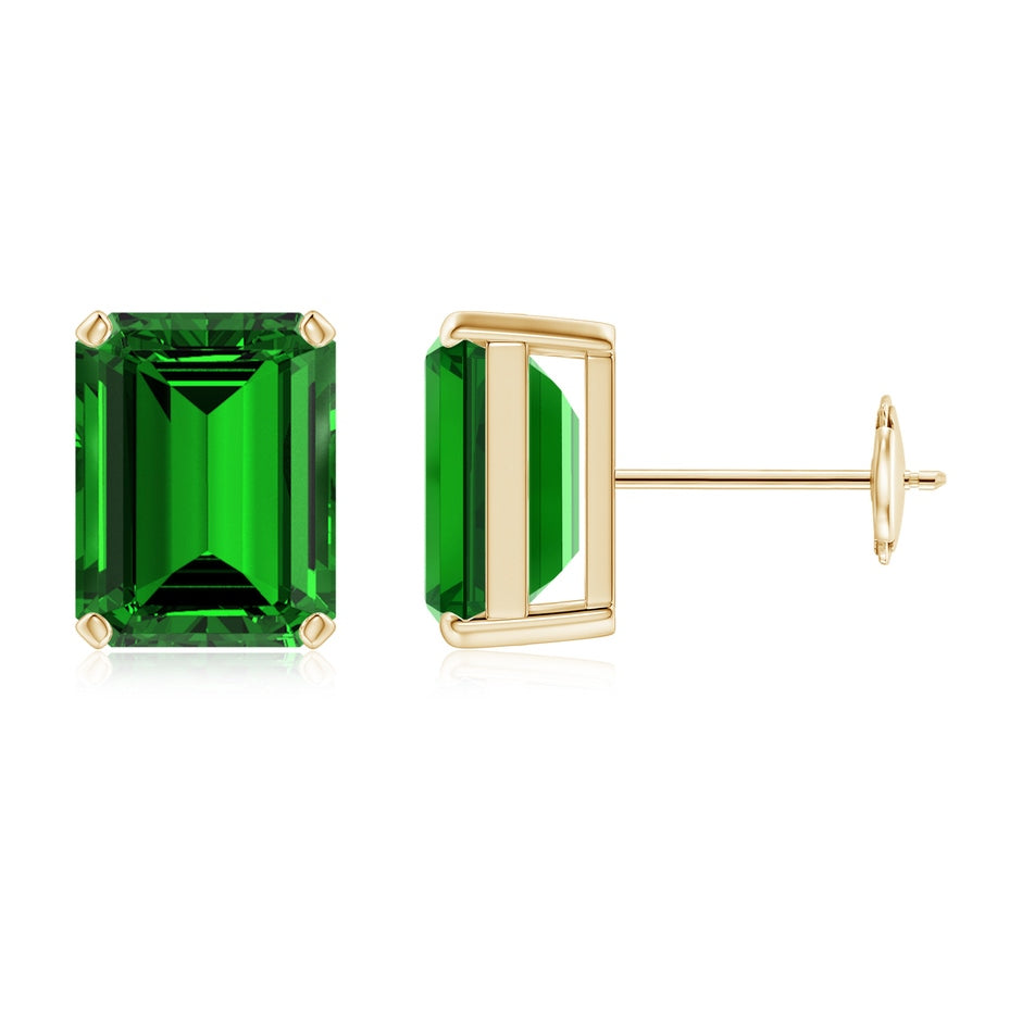 Lab-Grown Prong-Set Emerald-Cut Emerald Solitaire Stud Earrings