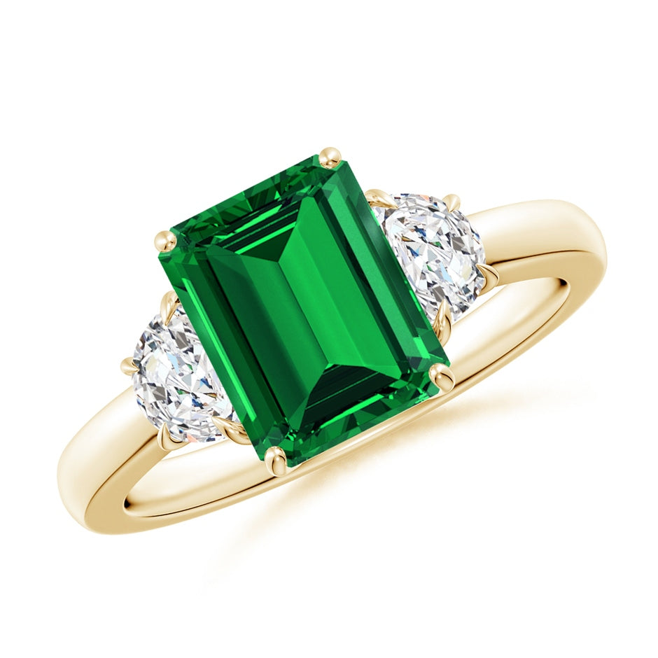 Lab-Grown Emerald-Cut Emerald and Half Moon Lab Diamond Three Stone Ring