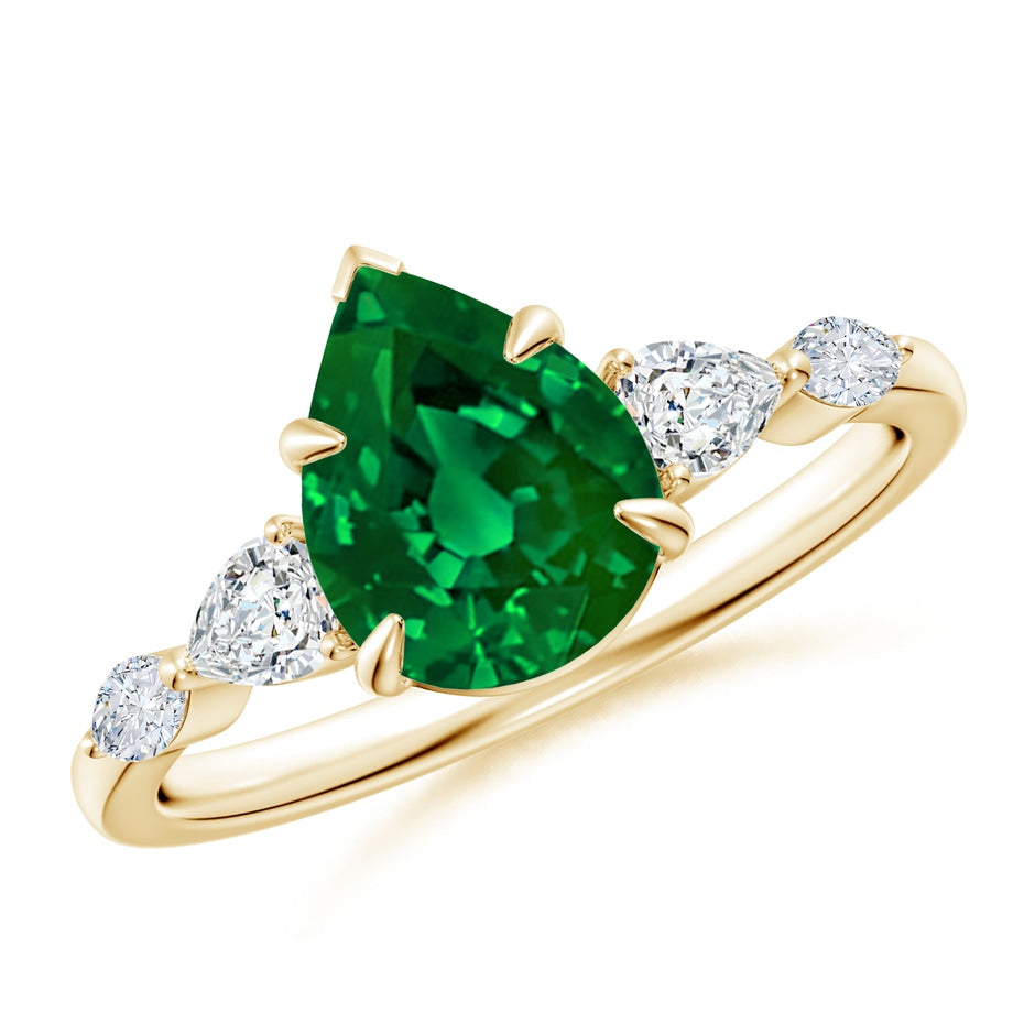 Lab-Grown Pear-Shaped Emerald Side Stone Engagement Ring