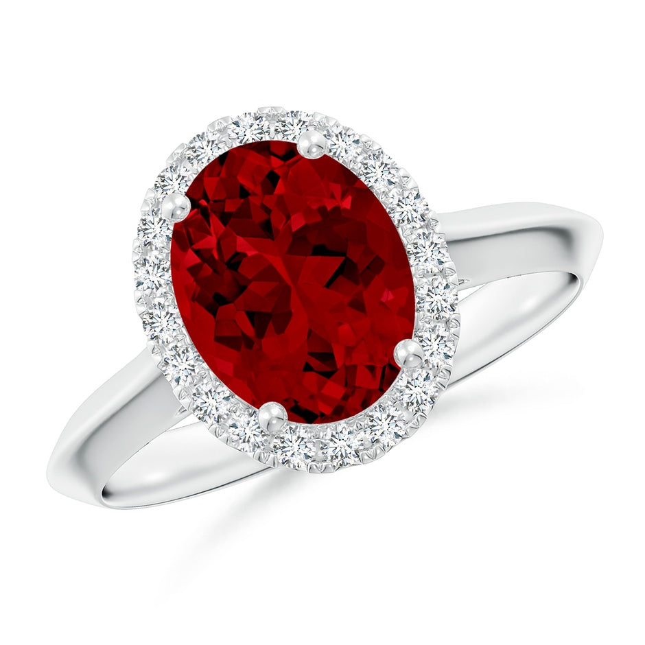 Lab-Grown Oval Ruby Halo Knife-Edge Shank Engagement Ring