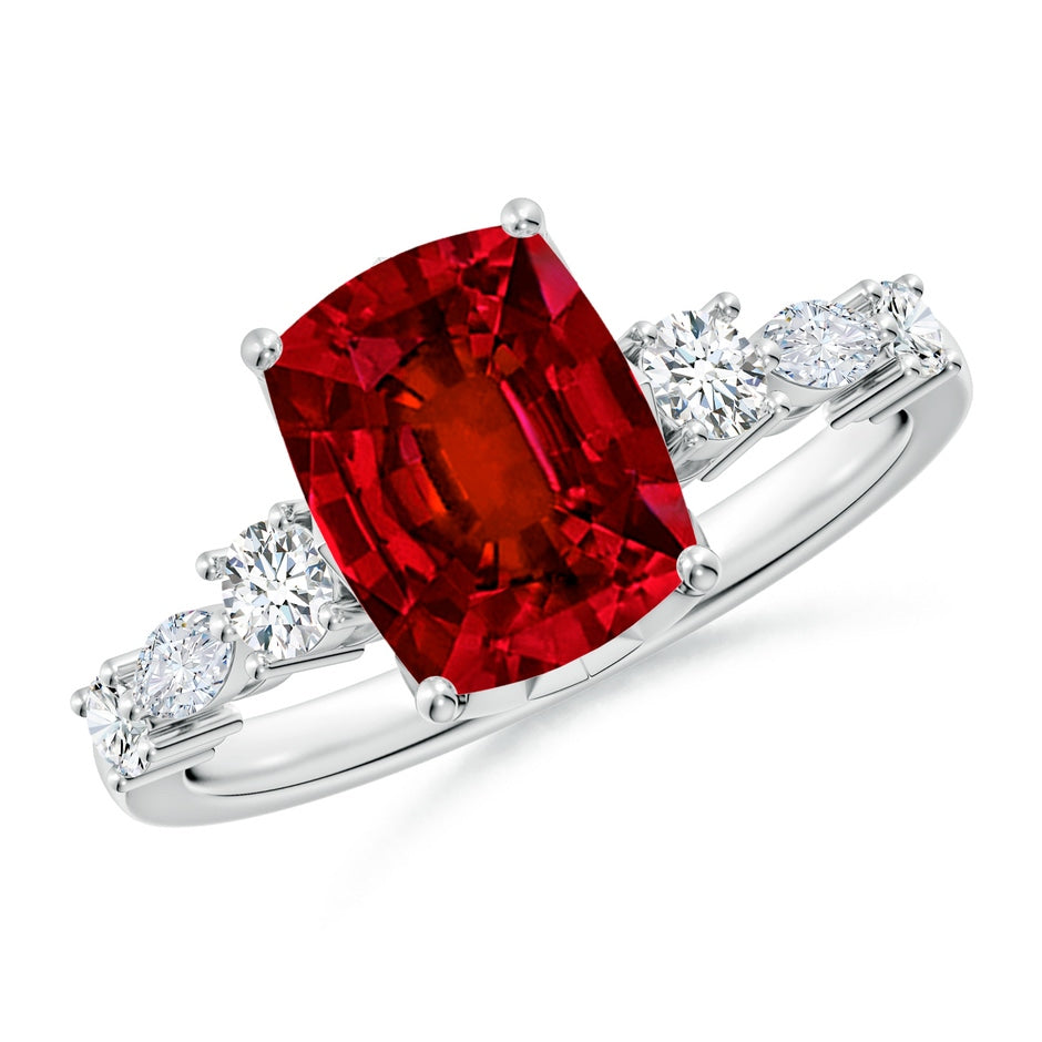 Lab-Grown Classic Cushion Rectangular Ruby Side Stone Engagement Ring