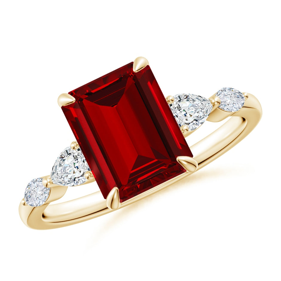 Claw-Set Emerald-Cut Lab-Grown Ruby Side Stone Engagement Ring