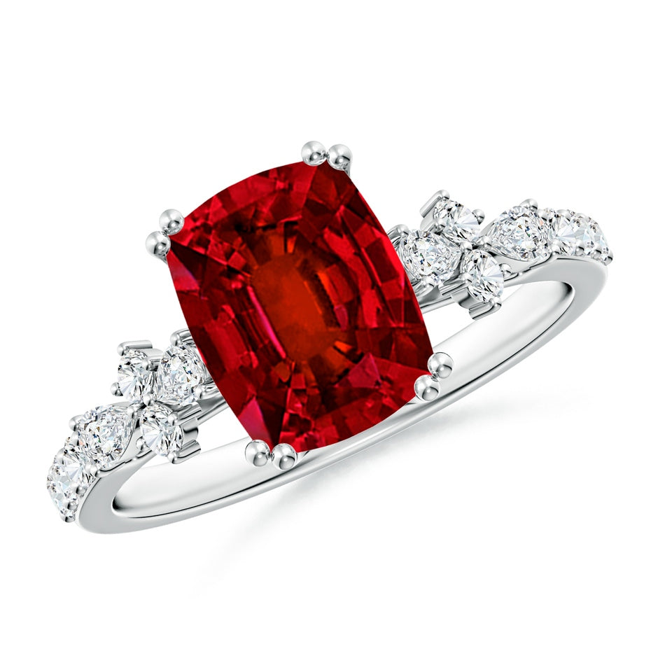 Lab-Grown Cushion Rectangular Ruby Side Stone Engagement Ring with Accents