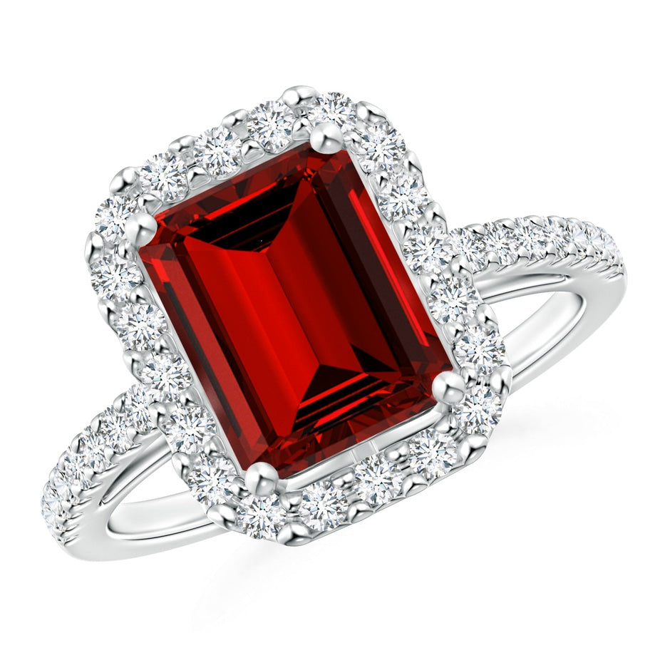 Prong-Set Emerald-Cut Lab-Grown Ruby Halo Ring