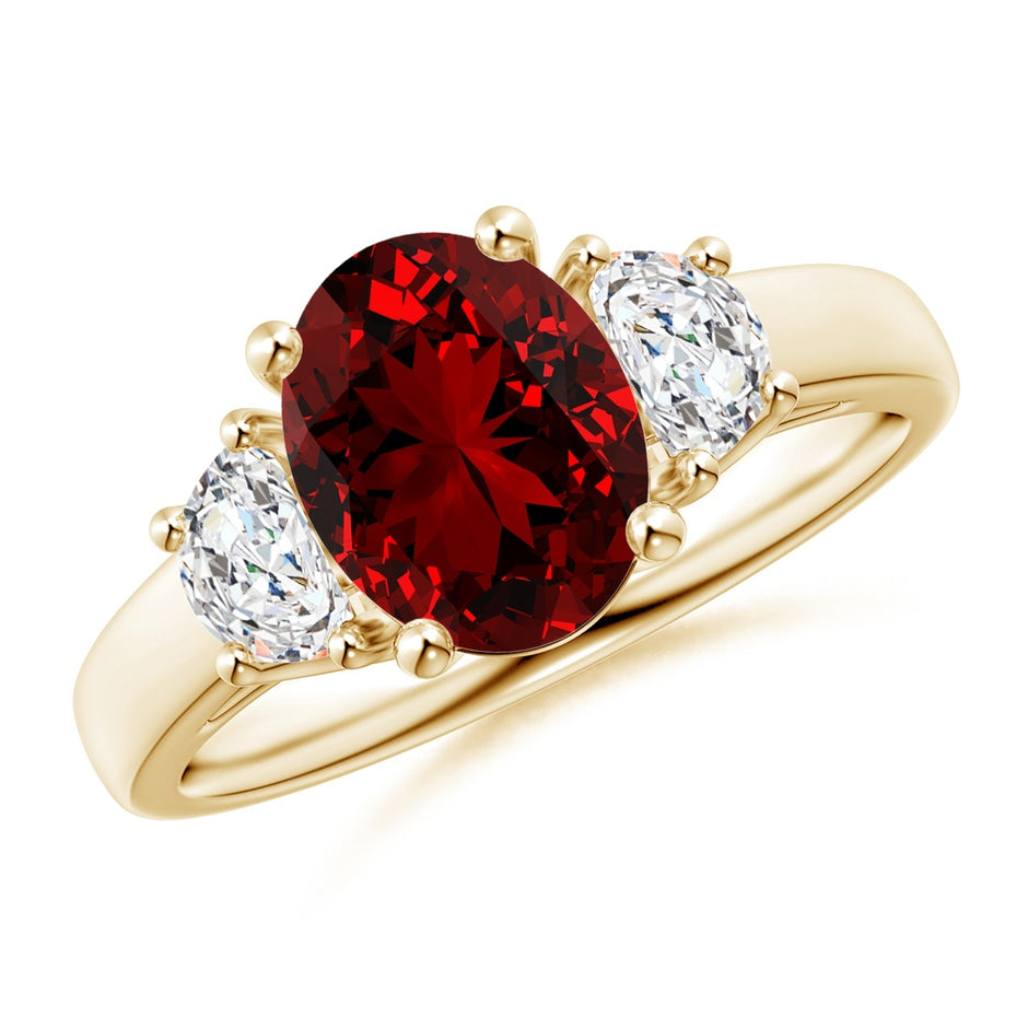Lab-Grown Three Stone Oval Ruby and Half Moon Lab Diamond Ring