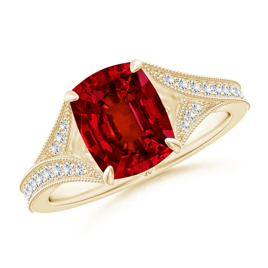 Lab-Grown Vintage Inspired Cushion Rectangular Ruby Split Shank Engagement Ring