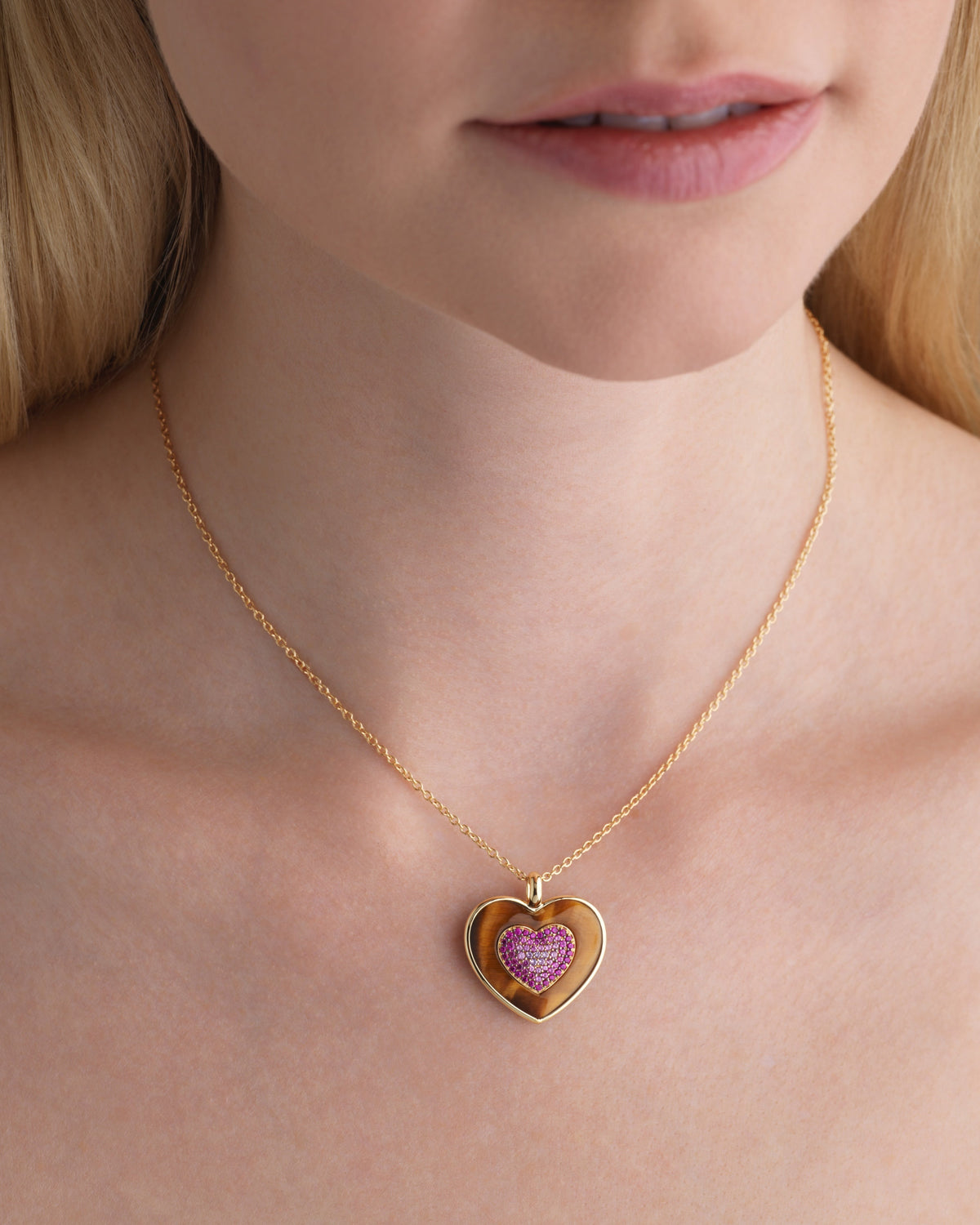 Rock Heart Necklace - Pink Sapphire, Tiger's Eye