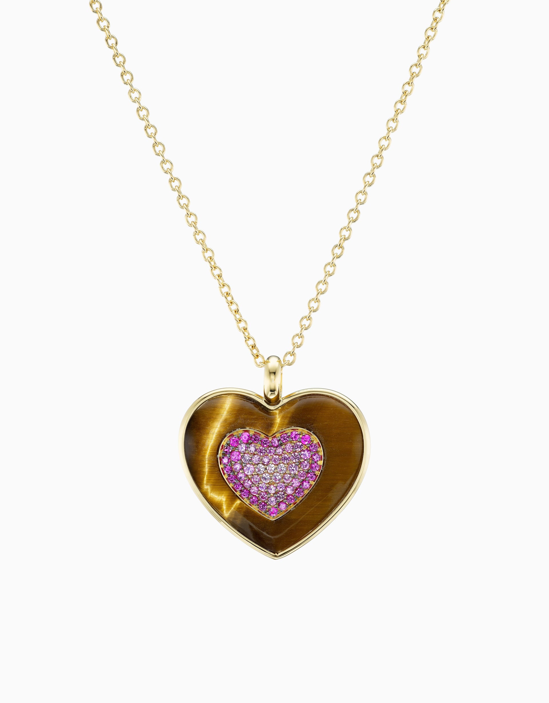 Rock Heart Necklace - Pink Sapphire, Tiger's Eye