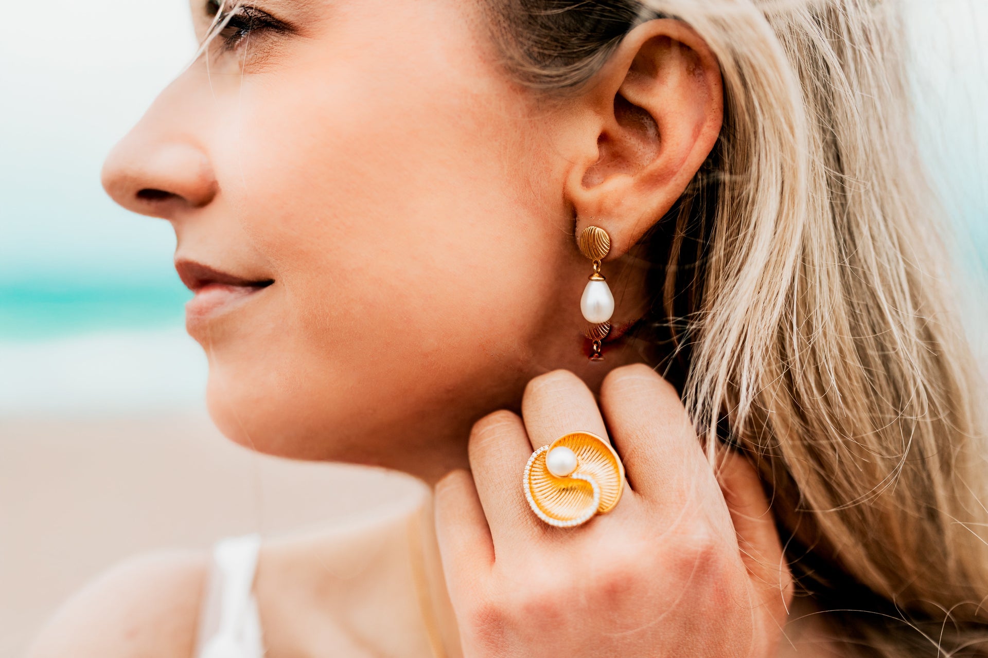 Gold Shell and Baroque Pearl Short Drop Earrings