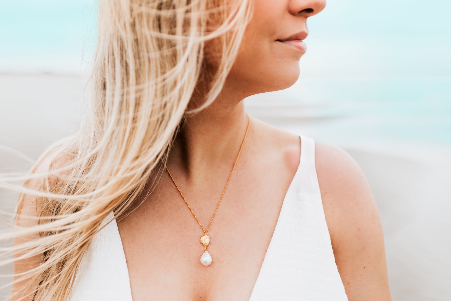 Gold Shell and Baroque Pearl Drop Necklace