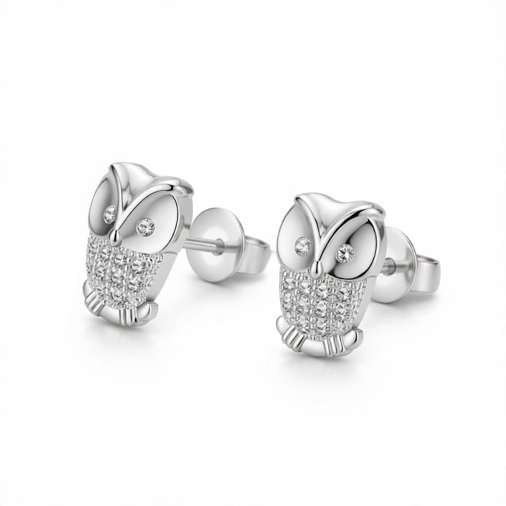 Cubic Zirconia & Silver-Plated Owl Stud Earrings