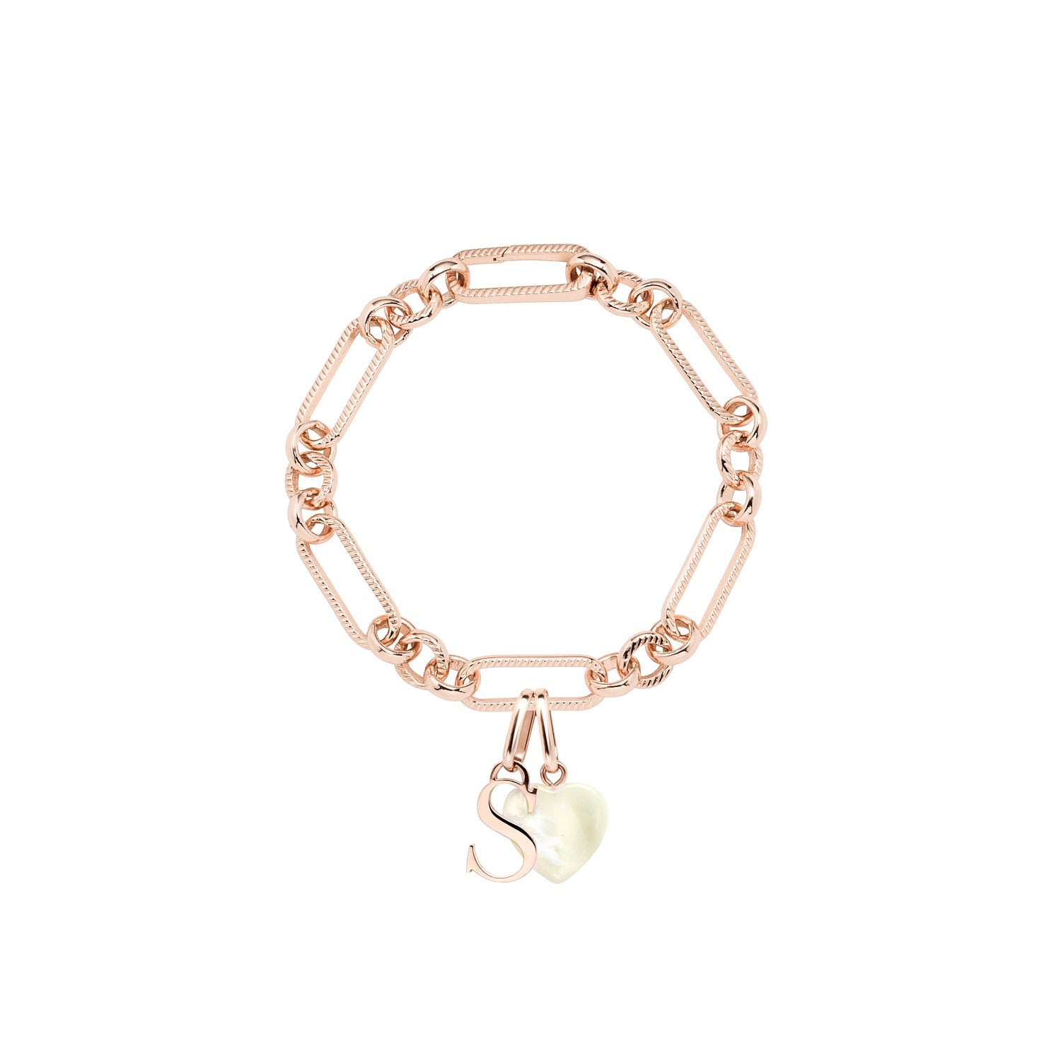 Letter & Birthstone Figaro Chain Bracelet (Rose Gold)
