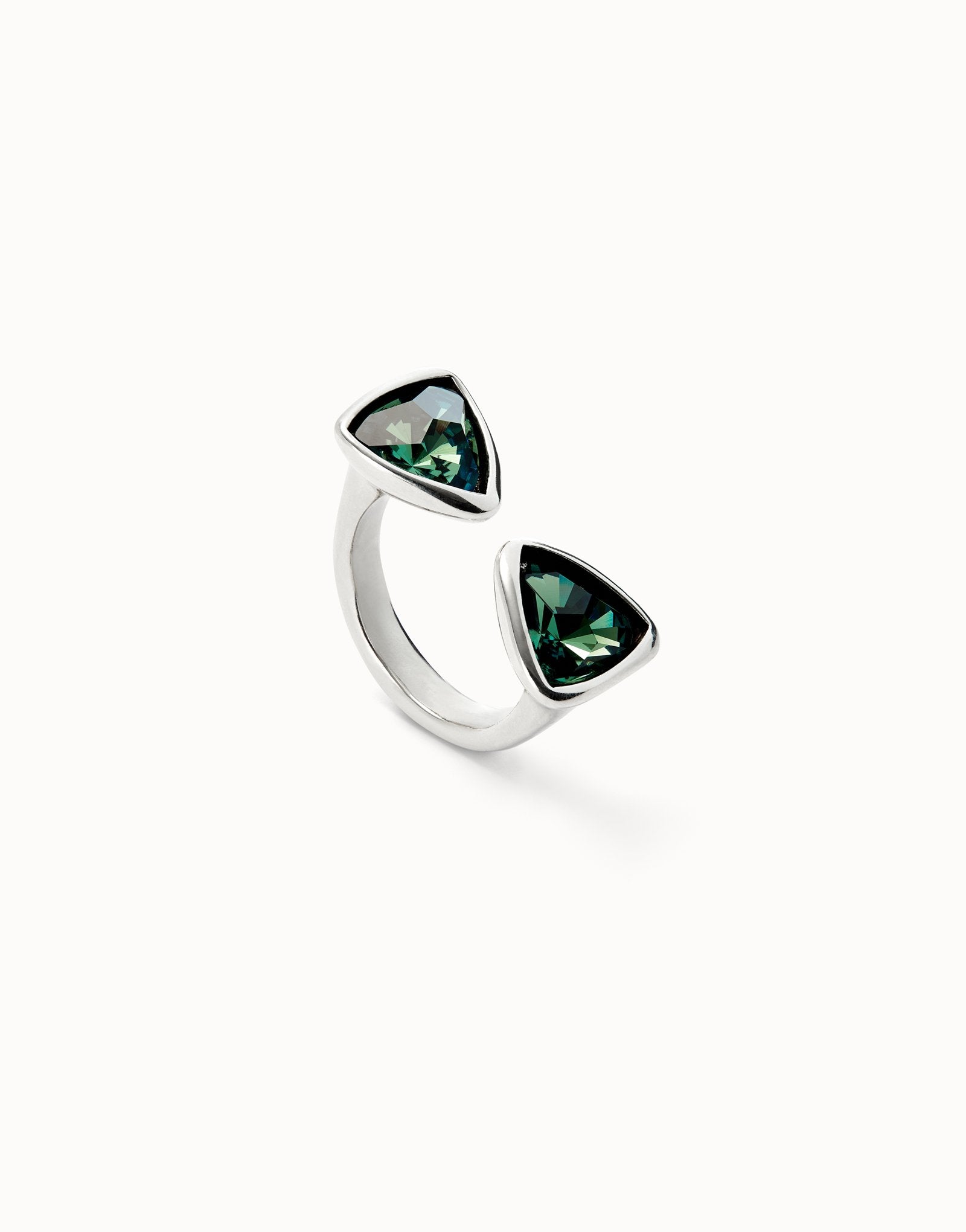 Triangular ring with two green crystals