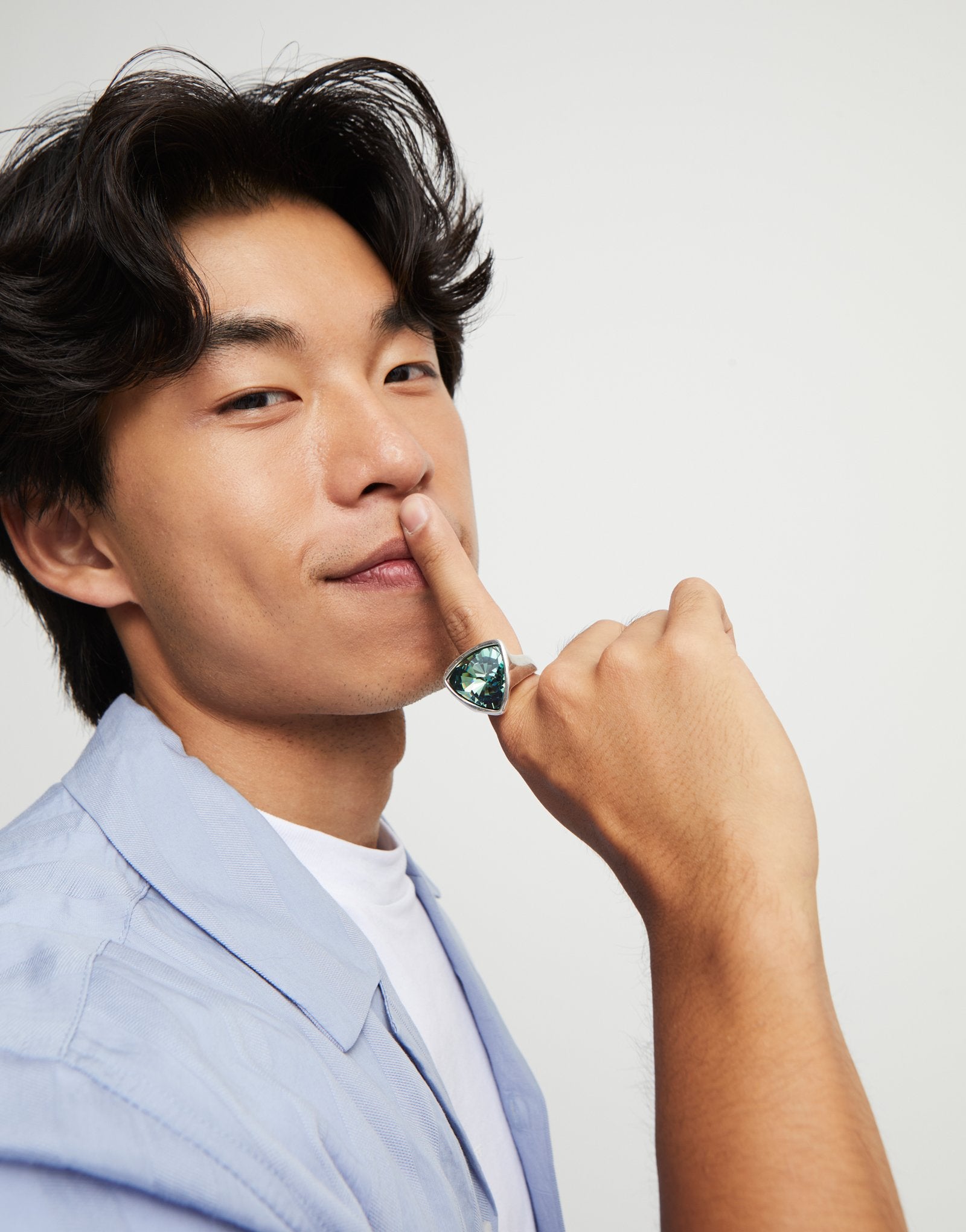 Large triangular ring with crystals