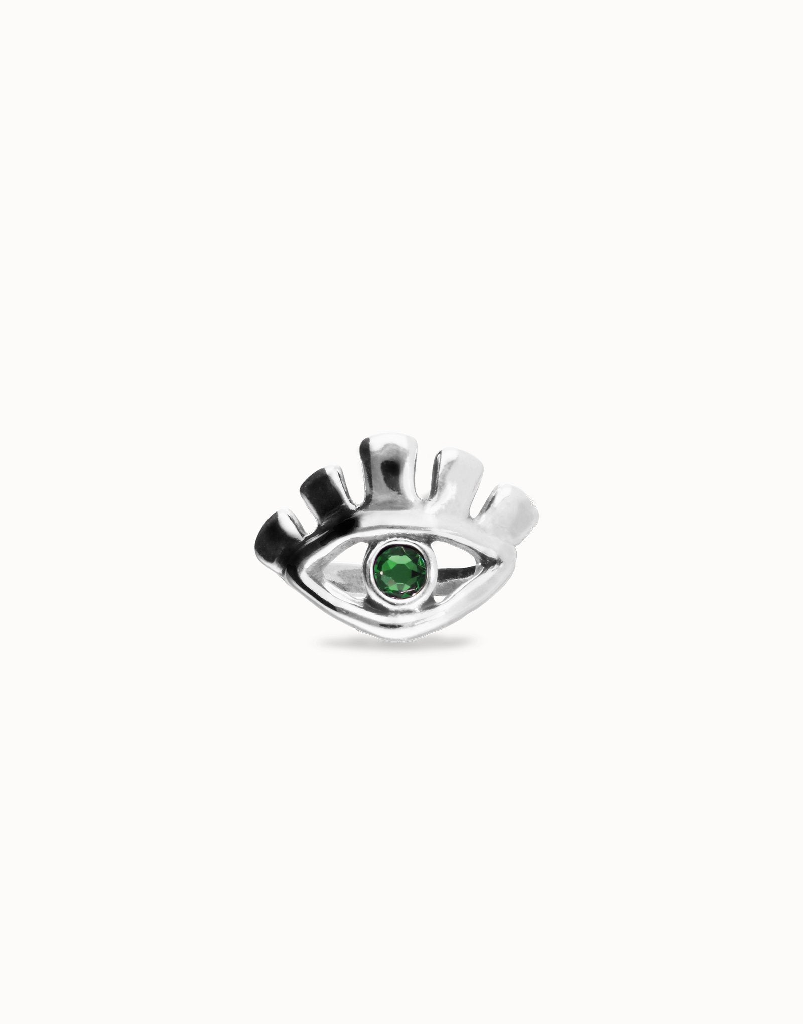Eye-shaped ring with faceted green crystal