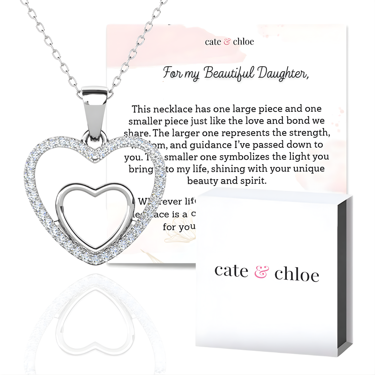Amorette 18k White Gold Plated Necklace with Simulated Diamond Crystals & Heartfelt Message for Daughter