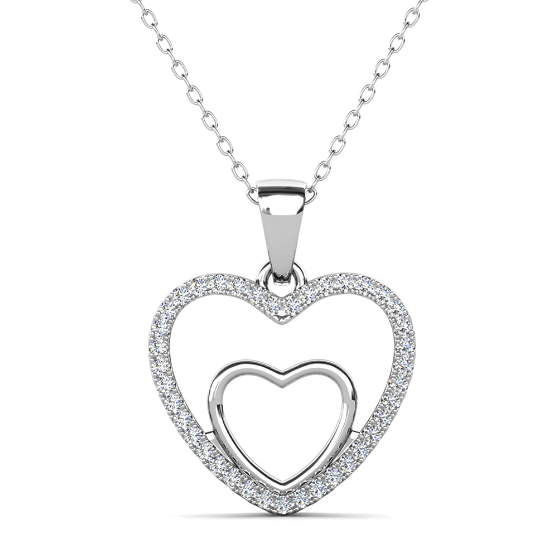 Amorette 18k White Gold Plated Double Heart Pendant Necklace with Pave Simulated Diamond Crystals