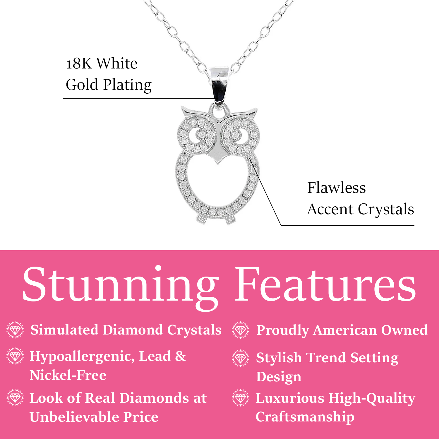 Ari 18k White Gold Plated Owl Pendant Necklace with Simulated Diamond Crystals