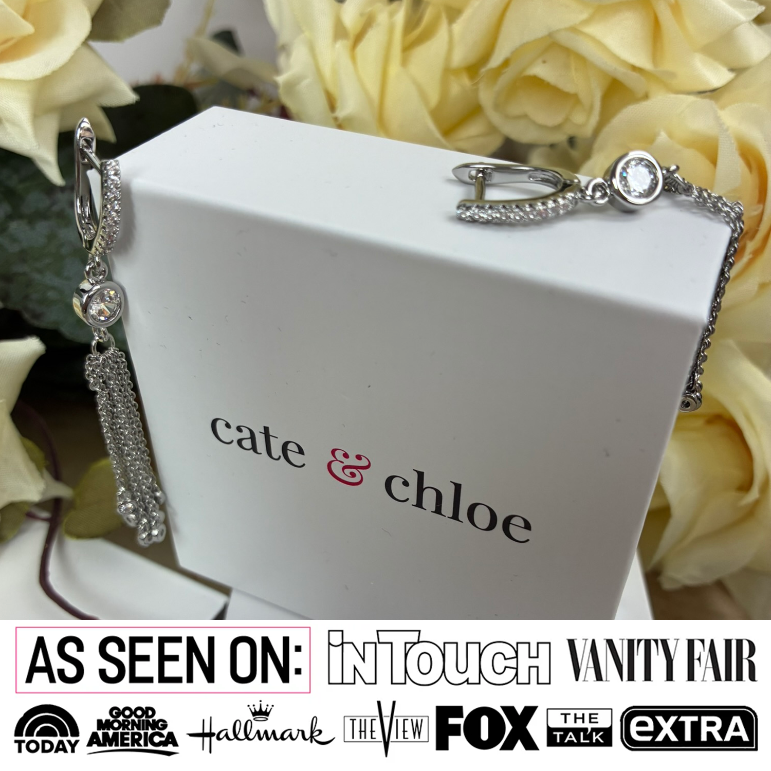 Jackie 18k White Gold Plated Dangle Tassel Earrings with Simulated Diamond Crystals