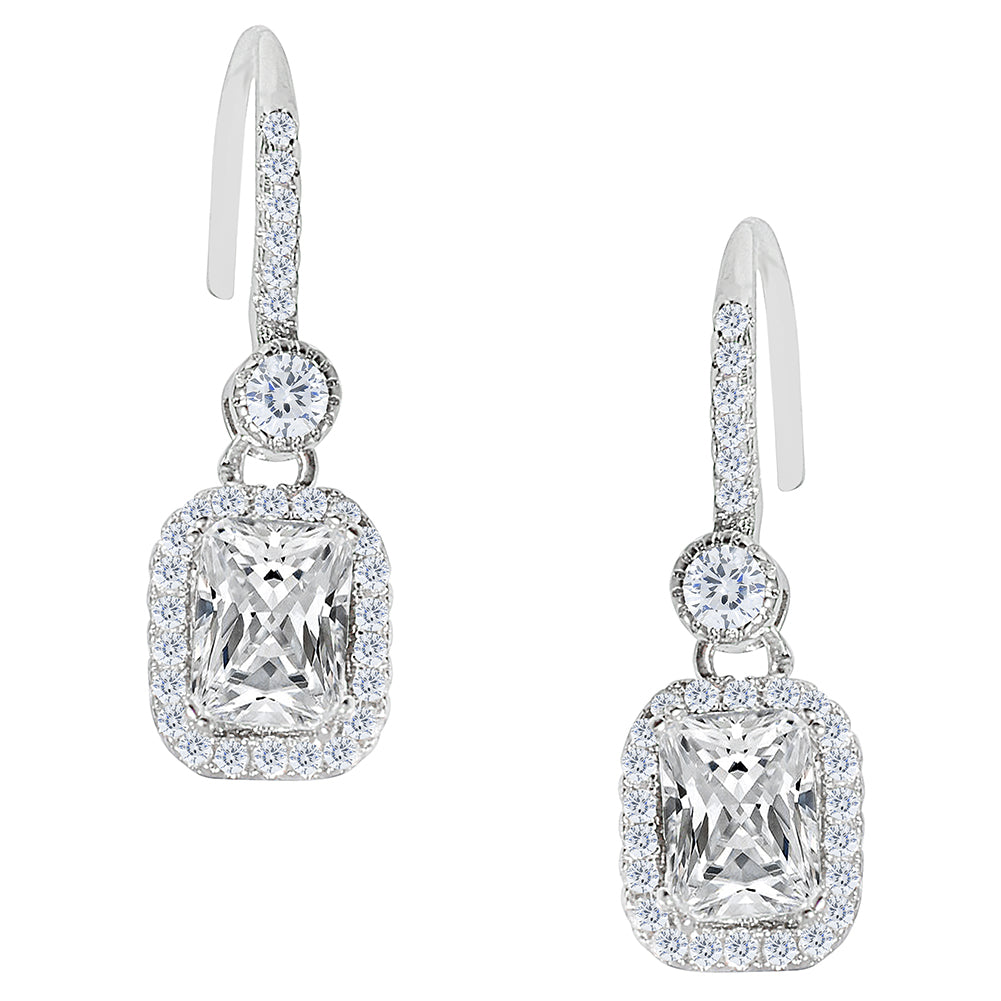 Athena 18k White Gold Plated Halo Dangle Earrings with Simulated Diamond Crystals