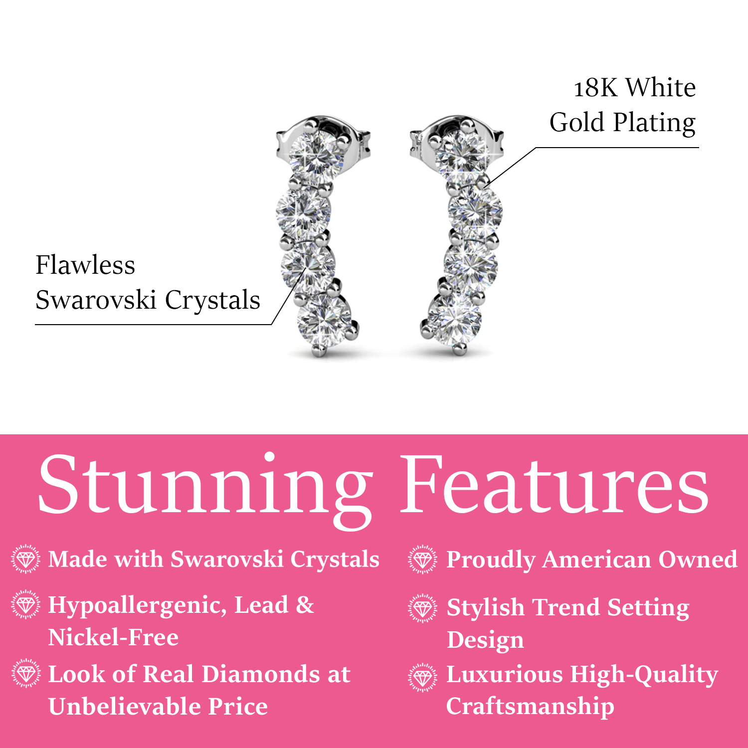 Aubree 18k White Gold Plated Drop Stud Earrings with Swarovski Crystals
