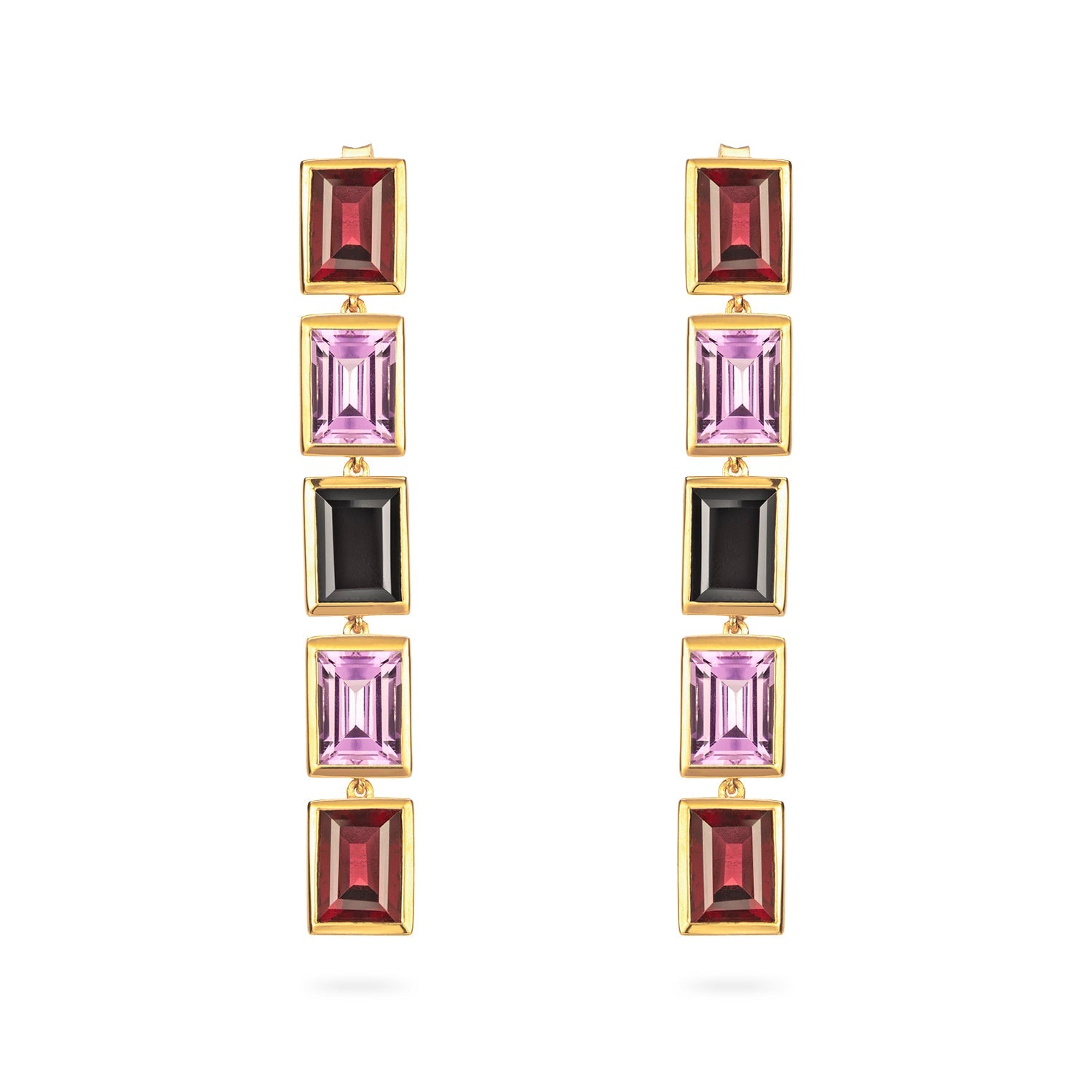 Rhodolite, Purple Amethyst and Spinel 5 Drop Earrings