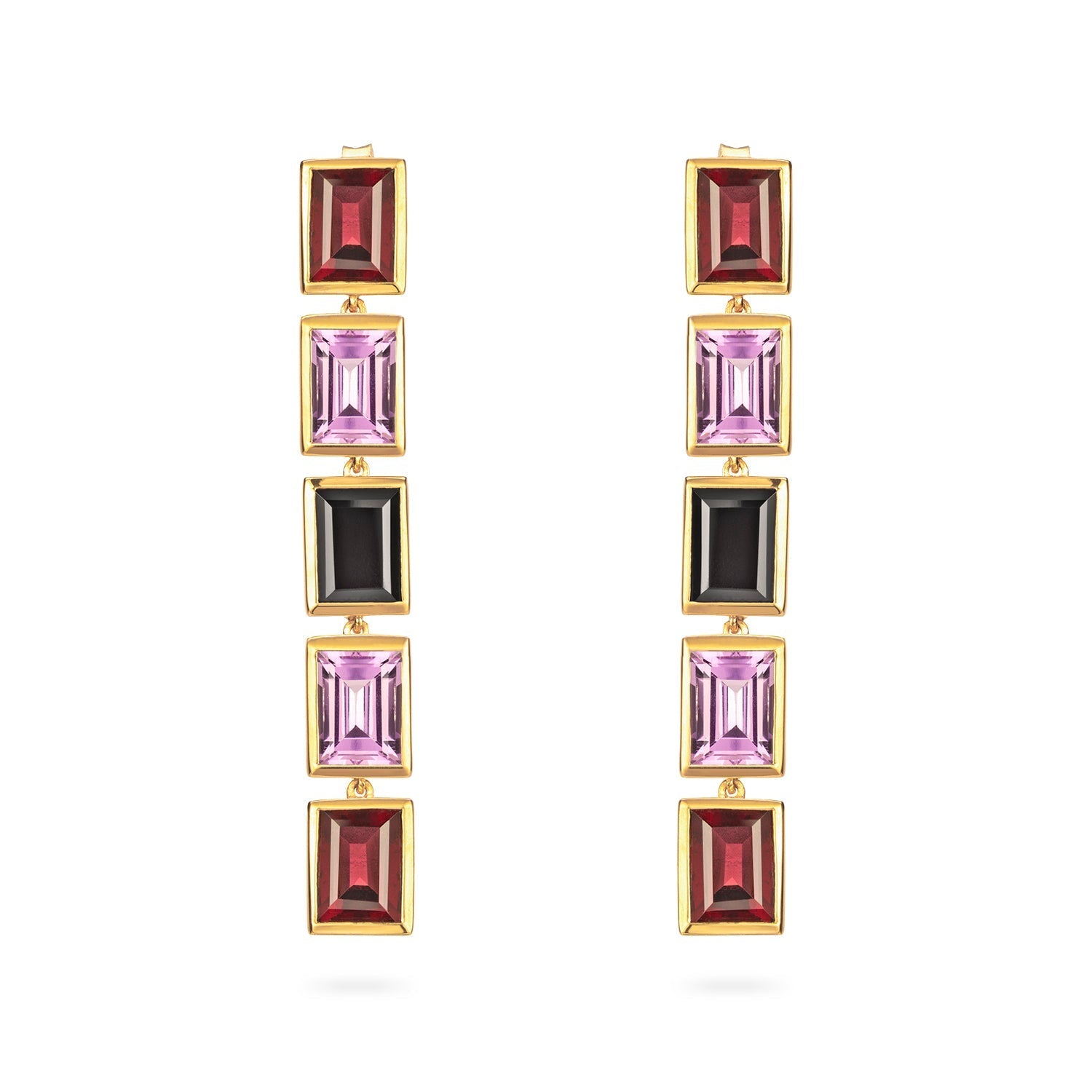 Rhodolite, Purple Amethyst and Spinel 5 Drop Earrings