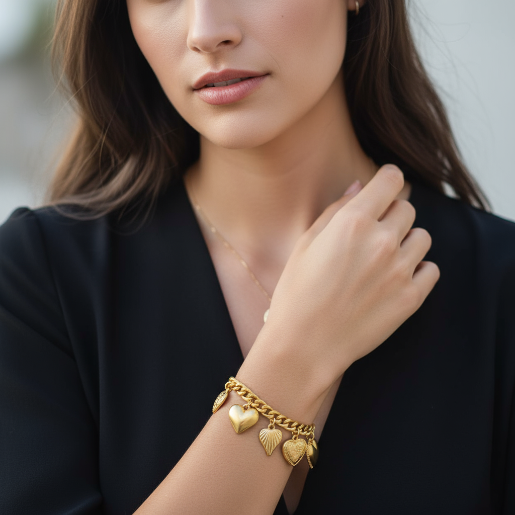 18k Gold Plated Multi Heart Charm Bracelet